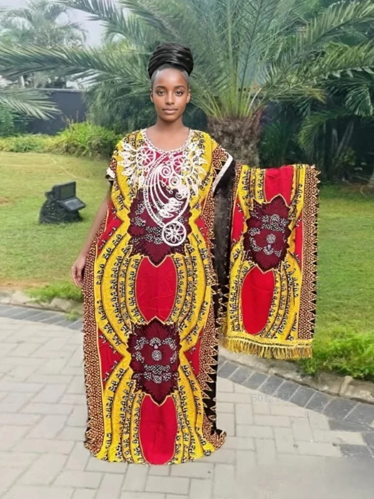 

Elegant Breathable Casual Large Scarf and Pocket Ethnic Embroidered Robe Abaya African Printed Cotton Women's Clothing 2025 New