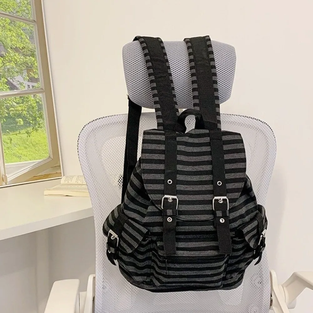 Retro Large Capacity Striped Backpack Y2K Multi-pocket Students Schoolbag Korean Style Cloth Hiking Camping Bag College