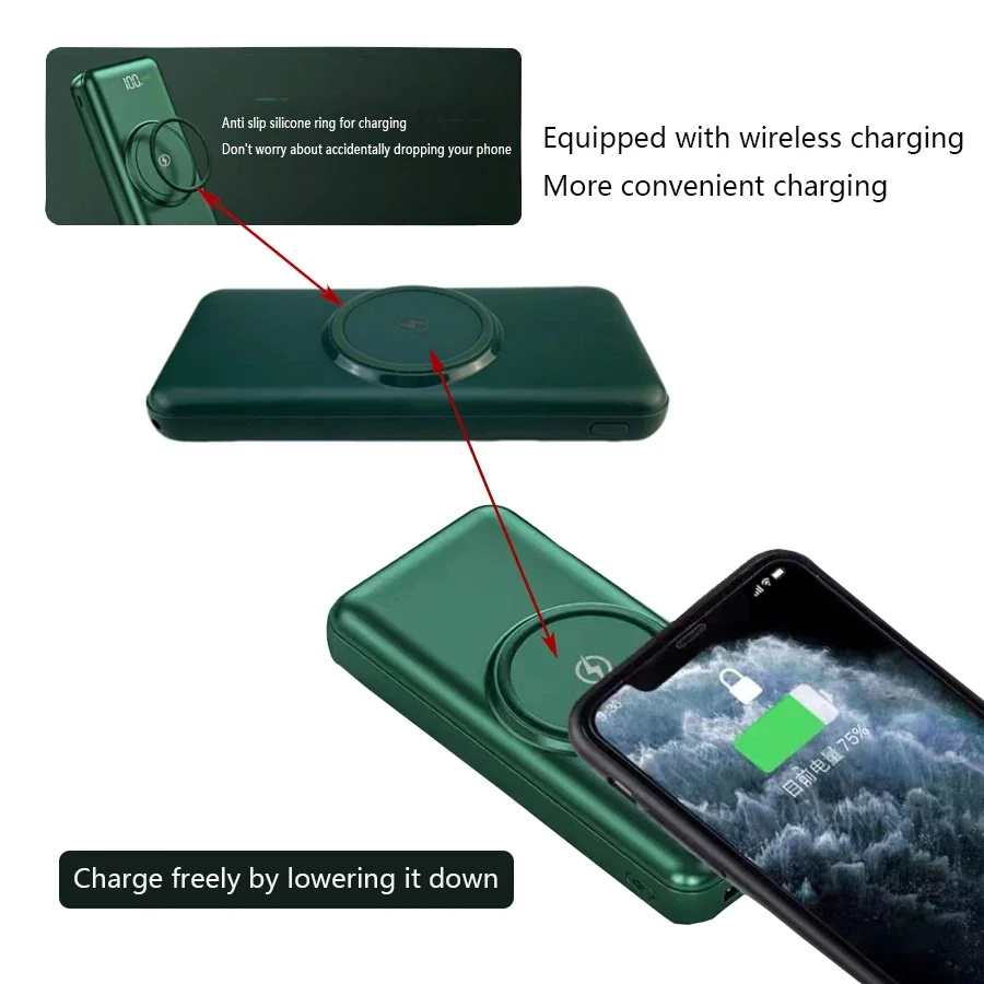 Wireless Charging Bank 20000mAh Portable Charger Fast Charging Digital Display External Battery Pack Built-in 4 Cables Suitable