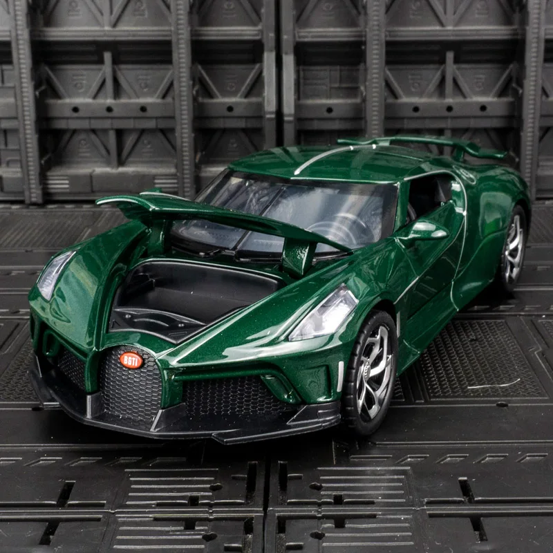 Puertas de coche modelo de supercoche de aleación Bugatti 1:24 y capó de motor, el maletero se puede abrir tiene funciones de sonido y iluminación simuladas