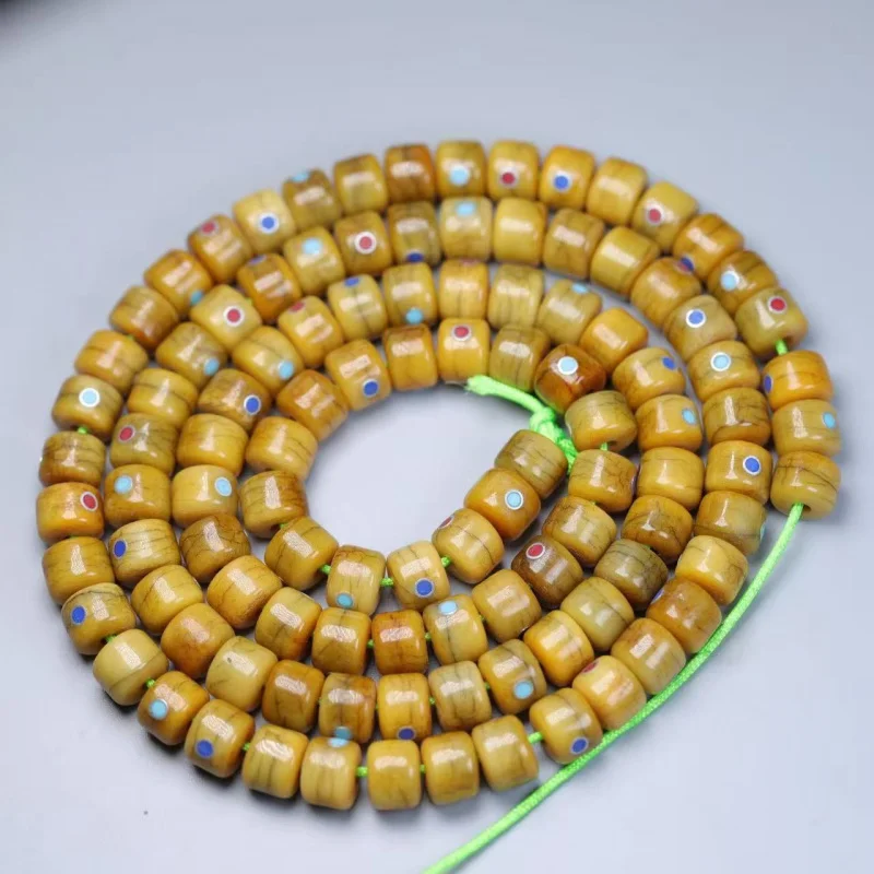 Tibetan-style yak bone inlaid multi-gem beads 108-piece long string pendant