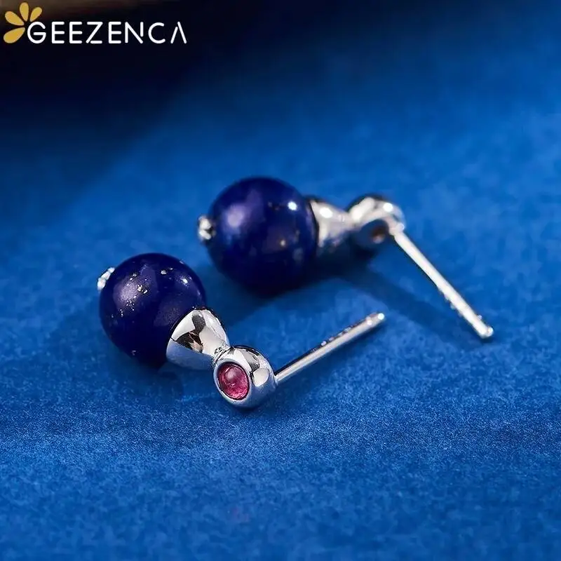 GEEZENCA 925 Silver Blue Lapis Lazuli Ball Stud Earrings Women CZ Trendy Dainty Lightweight Stack Small Droplet Earring Gift