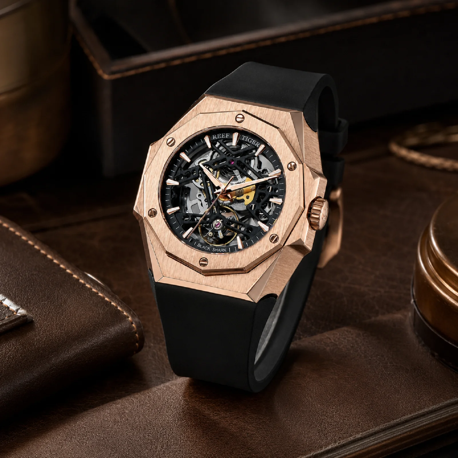 Reef Tiger RT Big Sport Watch for Men Rose Gold Case Automatic Mechanical Dial 50m Waterproof RGA6919