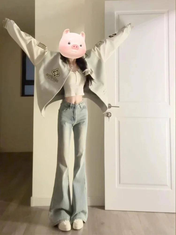 

American Style High Waist Bell Bottom Jeans Women's Autumn Winter New Fleece Slim Fit Elastic Slimming Wide Leg Hoof Pants