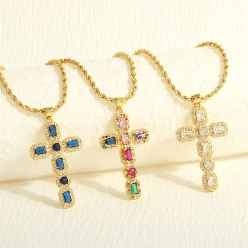 

Fashionable Gold Plated Cross Pendant Necklace for Women European Style Jewelry with Colorful Gemstones And Diamonds for Parties