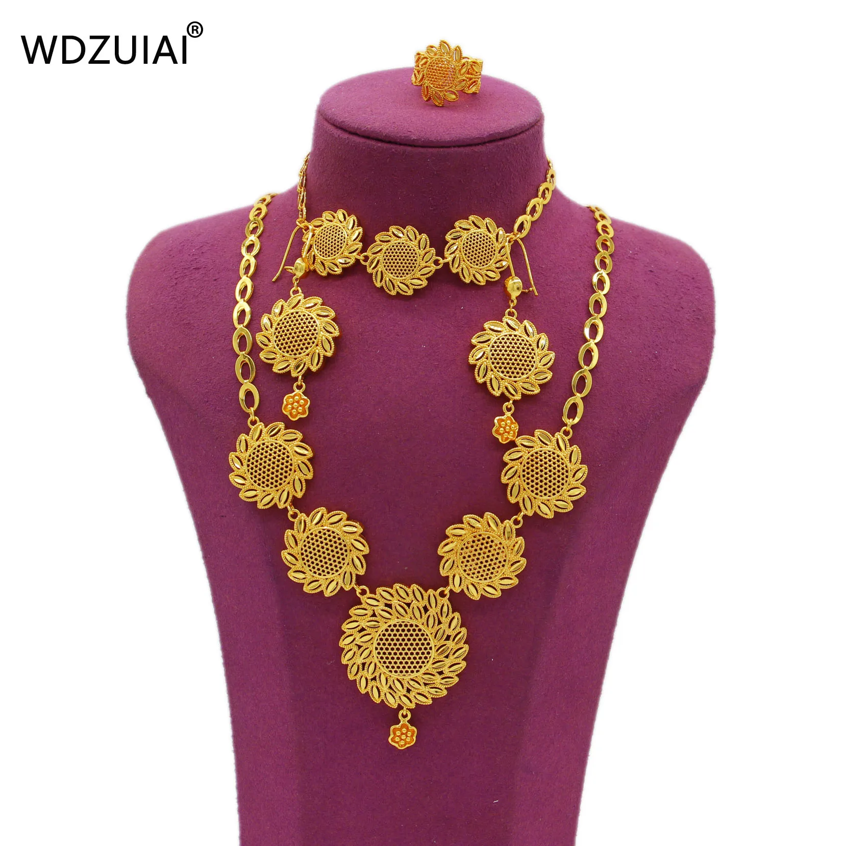 WDZUIAI New Arrival 24K Gold Color Necklace/Bracelet/Earrings/Ring Set for Women African Ethiopian Russia Bridal Wedding Jewelry