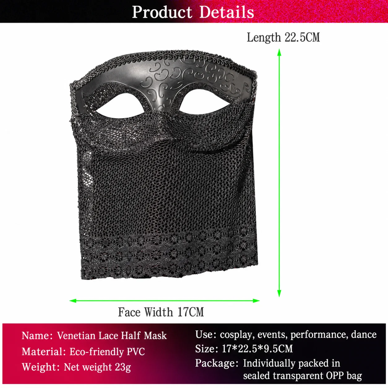 Maskerade-Maske mit Spitzenschleier, Venezianische Party-Maske, Geheimnisvolle Halbgesichts-Augenmaske, Halloween-Cosplay-Kostüm-Party-Requisiten – Detail 1