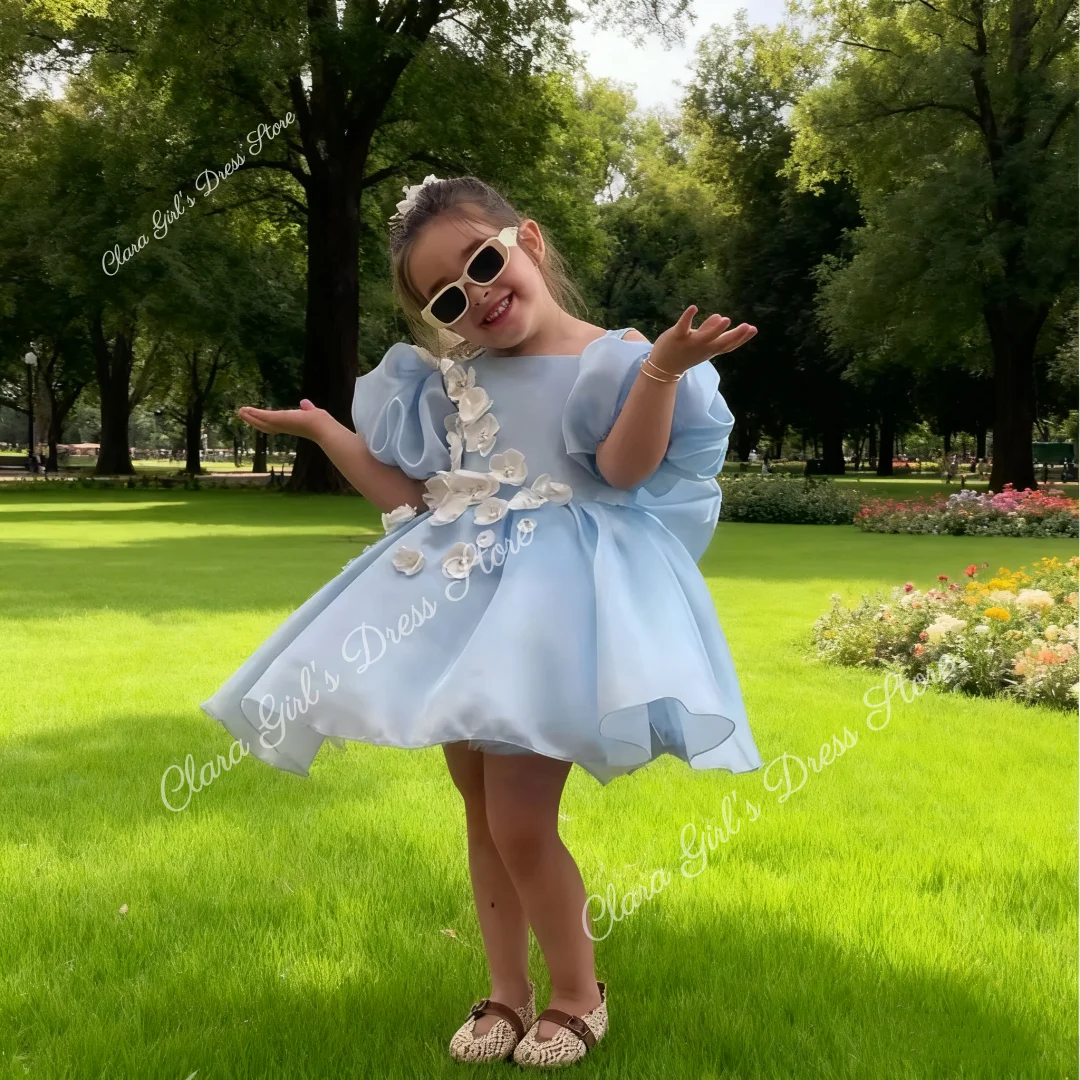 라이트 블루 오간자 플라워 걸 드레스 스퀘어 넥 짧은 소매 A라인 스커트 맞춤형 생일 파티 첫 영성체