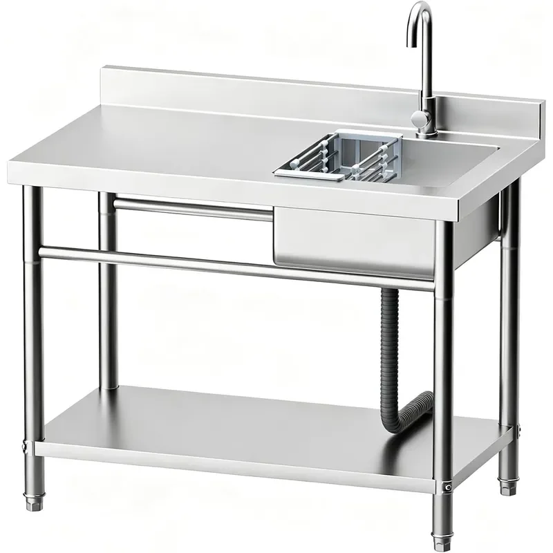 Utility Sink Freestanding Single Bowl Laundry Sink with Hot and Cold Water Plumbing Workbench Storage Stainless Steel Sink