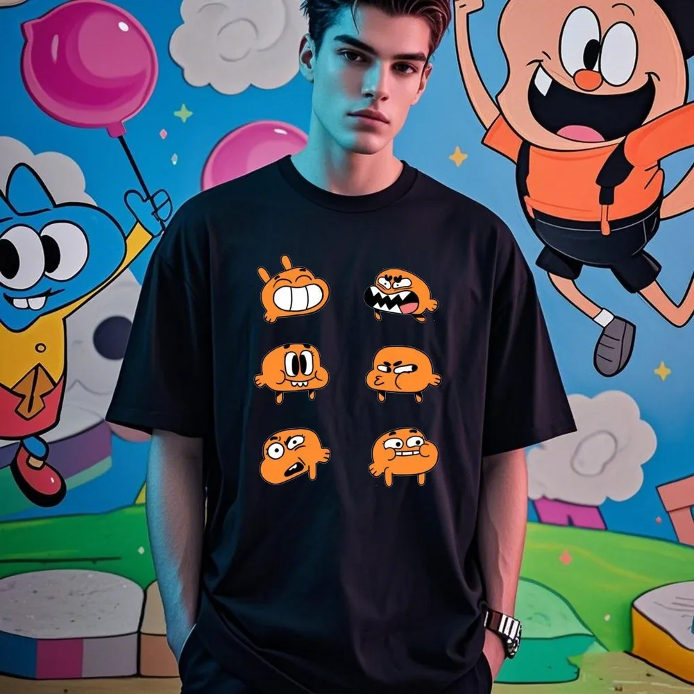 تي شيرت The Amazing World of Gumball Gumball and Darwin بأكمام قصيرة ورقبة دائرية ملابس الشارع الشهير بنمط كلاسيكي من القطن عالي الجودة