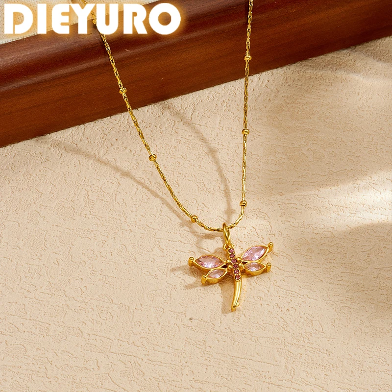 DIEYURO 316L Stainless Steel Light Luxury Pink Rhinestones Interlay Dragonfly Pendant Necklace Women Classic Trend Neck Chain