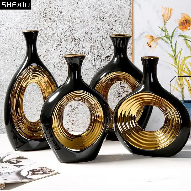 

American Plating Gold Black Ceramic Vase Office Decoration Hollow Flower Arrangement Porcelain Vases Home Furnishings Decoration