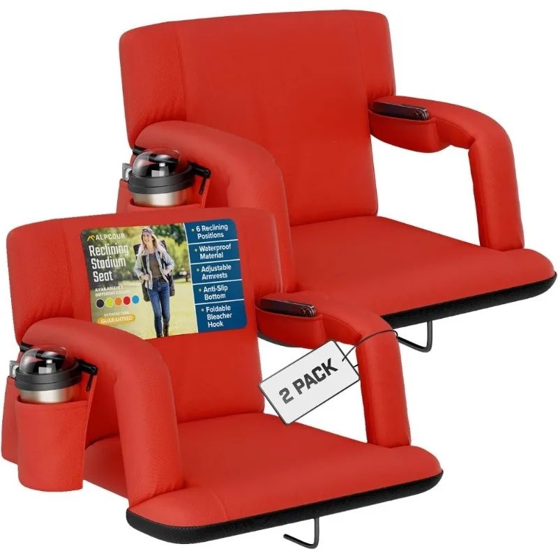 

Reclining Stadium Seat Wide Bleacher Chair with Back Support Cushion Armrests Side Pockets