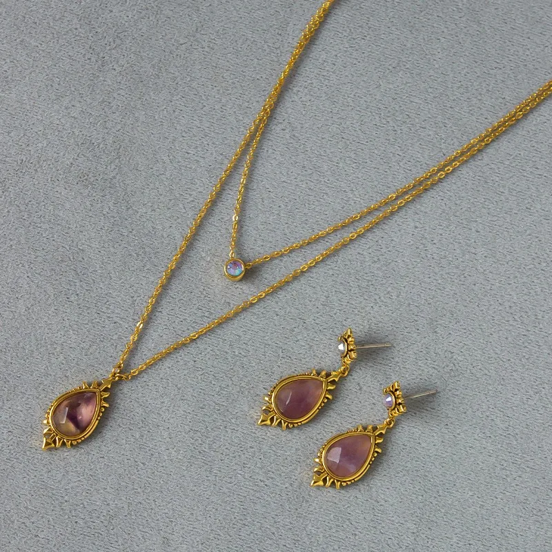 

Trendy Double-layer Necklace Earrings Set Mysterious Amethyst Stone Long Double Side Pattern Water Drop Charms Jewelry Sets