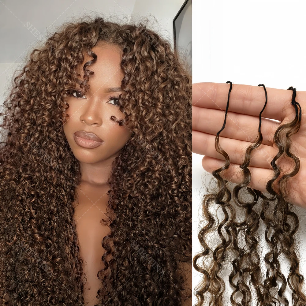 

#4 Chocolate Brown Pixie Curly Crochet Hair Extensions Bulk Human Hair Afro Kinky Curl Invisible Micro Loop Feather Crochet Hair
