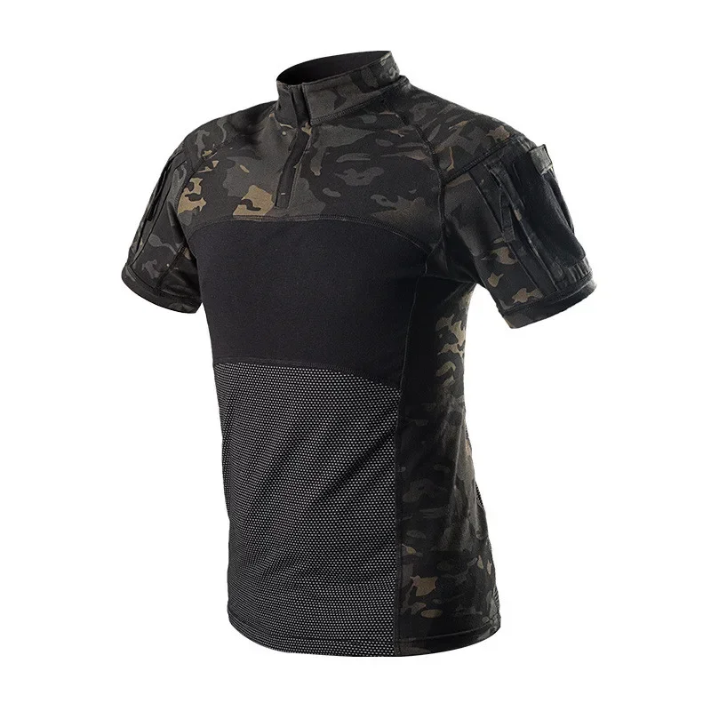 Men Summer High Elastic Short Sleeve Camo T-shirt Army Fans Outdoor Training Hiking Quick Dry Cotton Breathable Tactical T Shirt