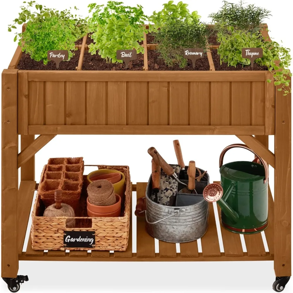 Prodotti Letto da giardino per erbe rialzato con 8 tasche, fioriera mobile rialzata personalizzabile in legnoErbe, verdura, fiori con ruote bloccabili