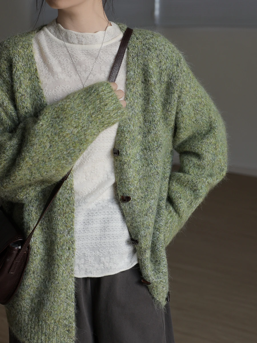 

Thiened Woolen Knitted Cardigan Women's Casual V-ne Sweater Mixed Color Yarn Outerwear Comfortable Soft Long Sve Winte...