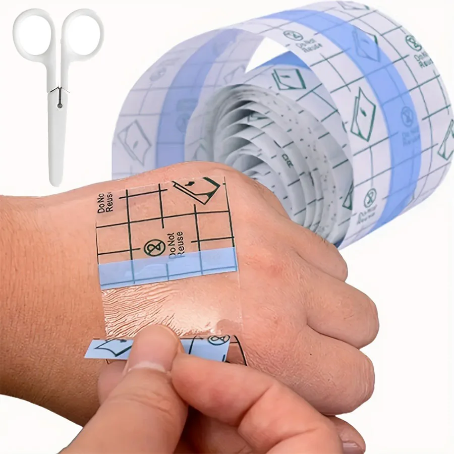 Vendaje adhesivo elástico transparente, resistente al agua, película transparente, cinta elástica para tatuajes, tijeras para dar natación, 1 rollo