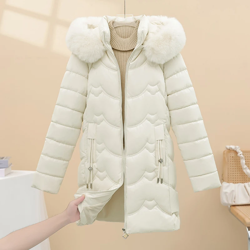 

Women's Mid-Length Thiened down Cotton Jaet with Detachable Fur Collar Korean Sle Straight Cut Winter Coat