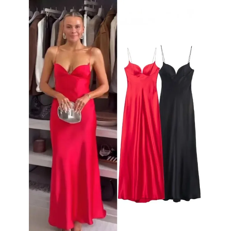 Fanan 2026 Damen Rotes V-Ausschnitt Urlaubsstil Satin-Textur Langes Kleid Ärmellos Sommer Damen Rückenreißverschluss Mode Trägerkleid