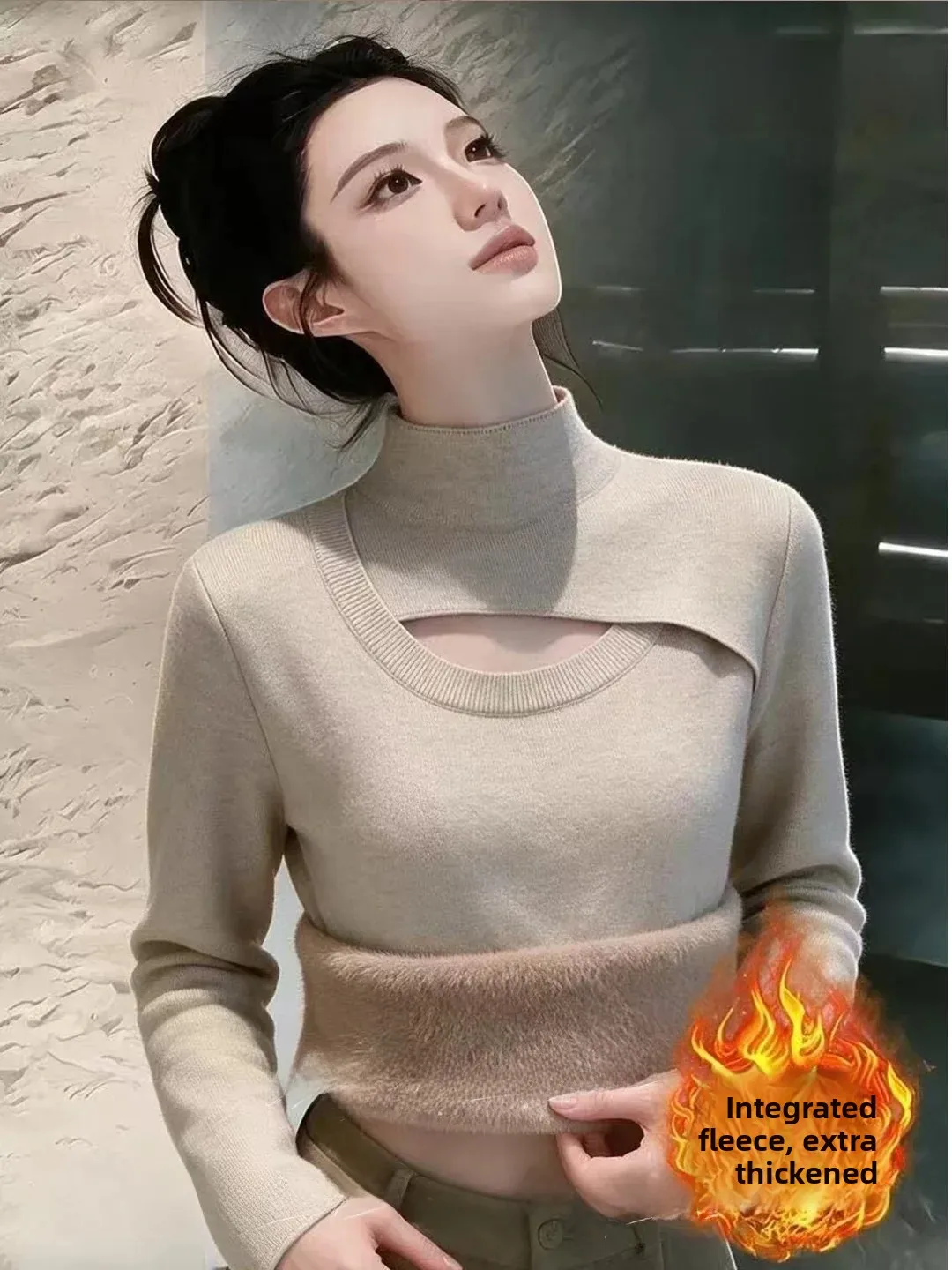 Autumn Winter Thickened Fleece Lined Hollow out Knitted Top Women's Slim Fit Base Layer Half High Collar Soft Polyester Knitwear