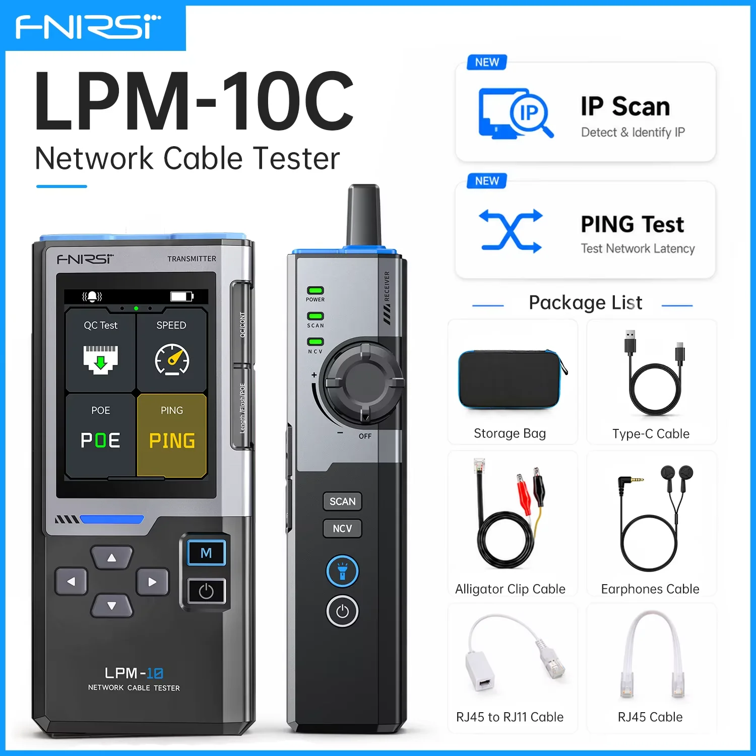 FNIRSI LPM-10C Network Cable Tester Cable Tracer PING IP Scanner Gigabit PoE RJ45 RJ11 Length Test for Network Repair Tools