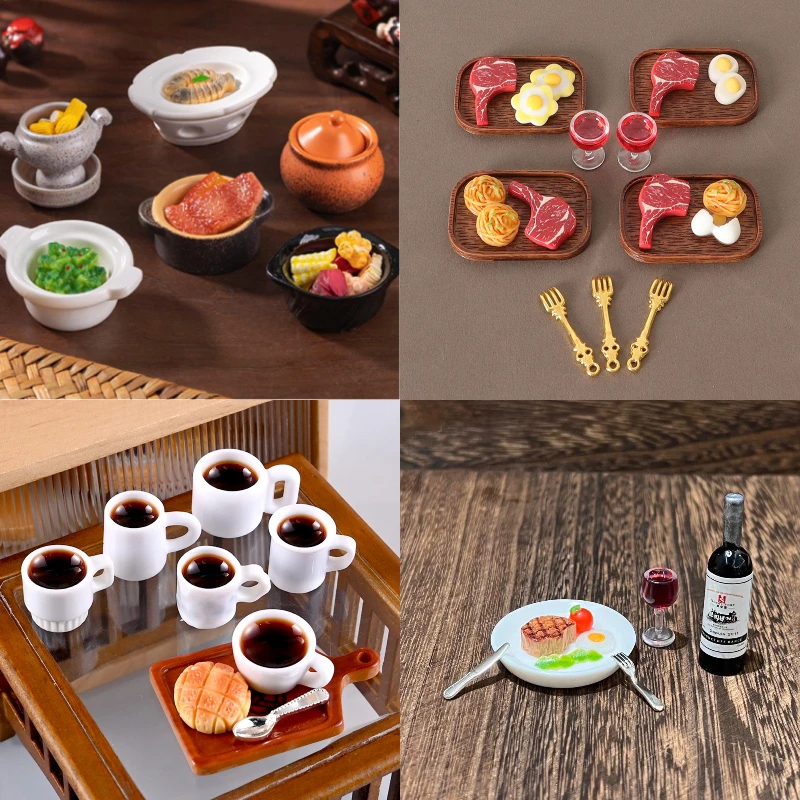 1Set Dollhouse Simulated Steak Red Wine Glass Pasta Kit Model Dollhouse Kitchen Food Decoration Toy Dolls House Accessoreis