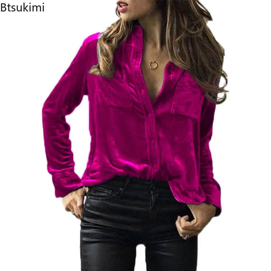 Primavera nueva camisa de bolsillo para mujer moda empalme manga larga solapa abotonada blusa sólida Retro todo-fósforo ropa elegante de mujer