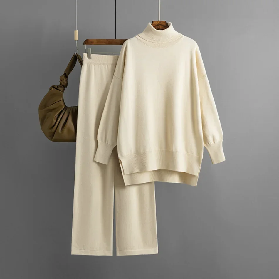Women's Two Piece Set Autumn Winter High Collar Slit Knitted Sweater Pullover Fashion Casual Loose High Waist Pant Ensemble