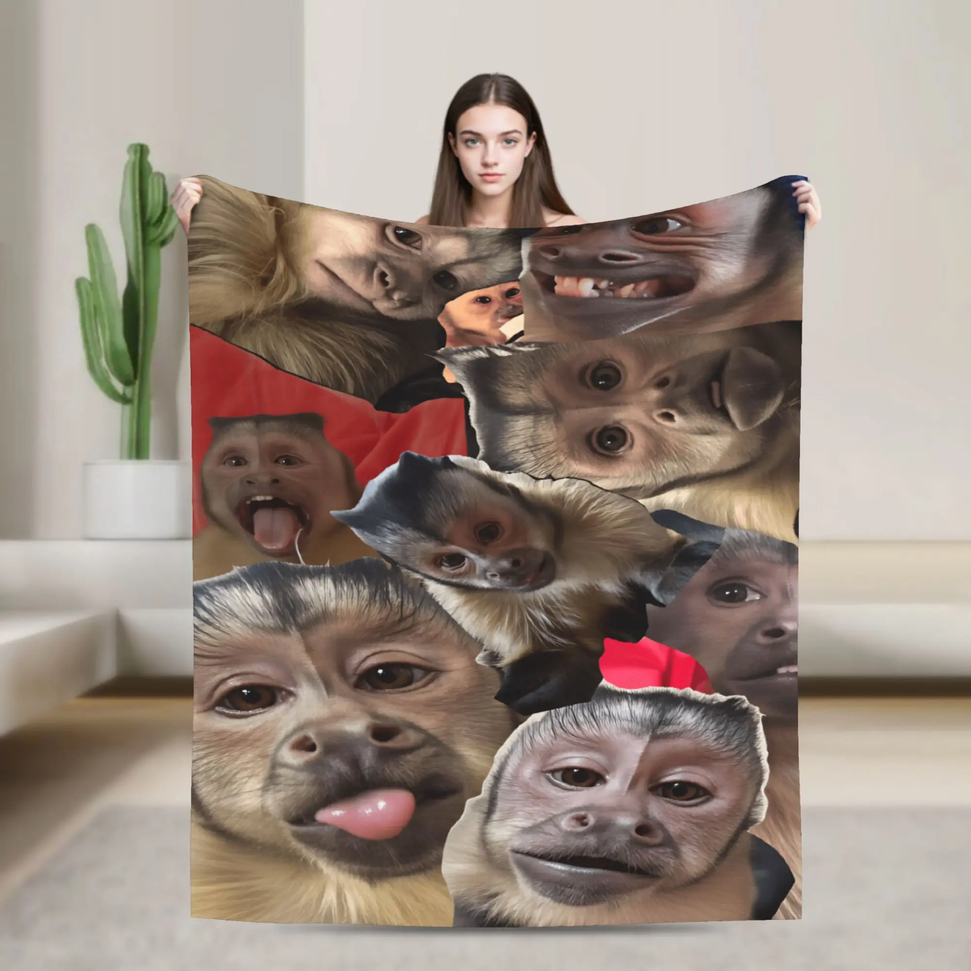 Monkey Face Collage Throw Blanket Soft Cozy Novelty Blanket  For Bedroom Camping Flannel Bedspread Bed Cover