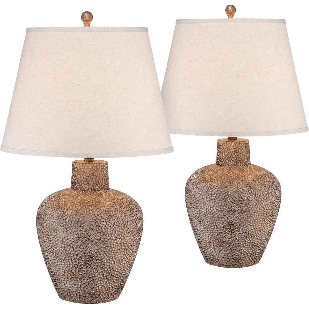 Rustic Farmhouse Style 29 Tall Table Lamp Set, Brown Hammered Metal Base, Off-White Empire Shade, Perfect for Home Decor