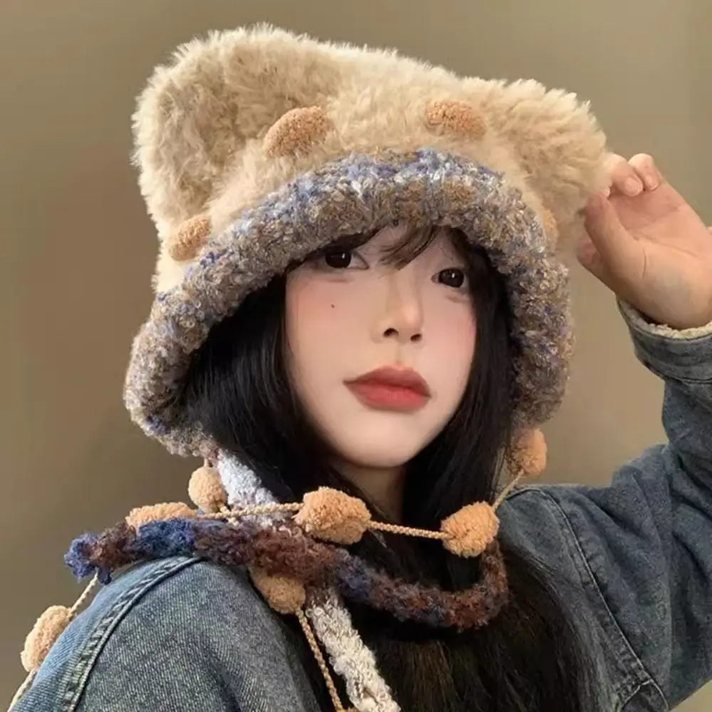 

Leisure Cartoon Bear Ear Plush Hat Ear Protection Thickened Winter Warm Hat Cold Proof Fluffy Beanies Cap Girls