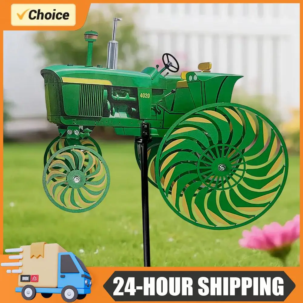 Metal Wind Spinner with Rotating Wheels Green Tractor Windmill Stake Decorative Windmill for Garden Yard Patio Lawn Decor