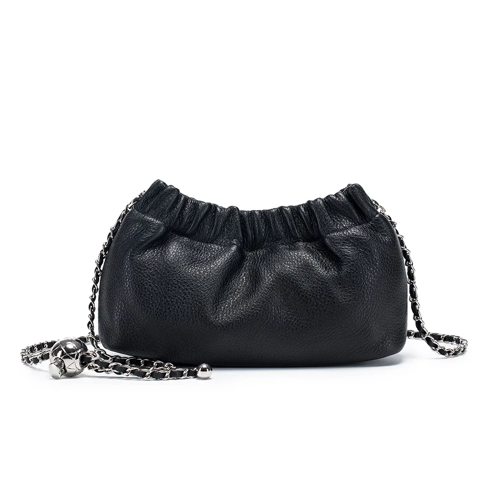 New Women Ruched Shoulder Handbag Cloud Pouch Hobo Bag Convertible Clutch Underarm Bag Soft Genuine Leather Chain Cross Body Bag