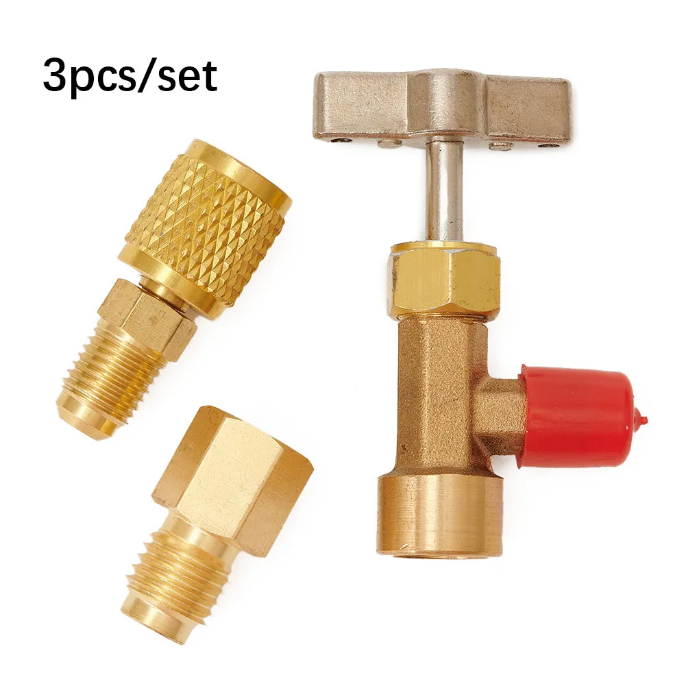 Can Tap Valve R134A Dispenser Tool AC-Tank Adapter 1/4 Hose 3pcs/set Gold 1/4" SAE  M 1/2" ACME Adapter For R12 R22 Manifold