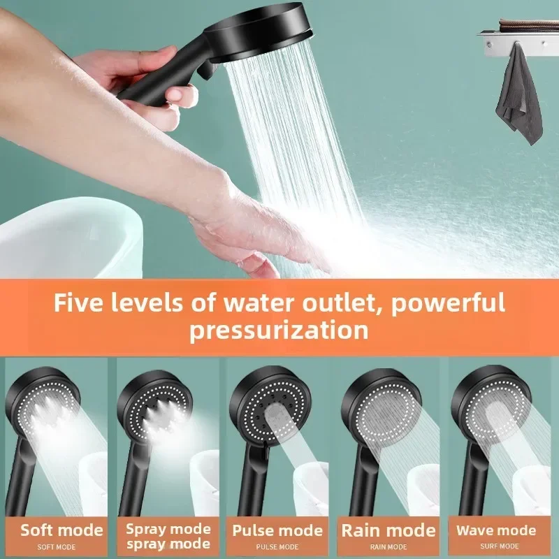High-Pressure Handheld Shower Head with Stand and Hose - 5 Adjustable Water Flow Modes, Round Plastic Bathroom Accessory