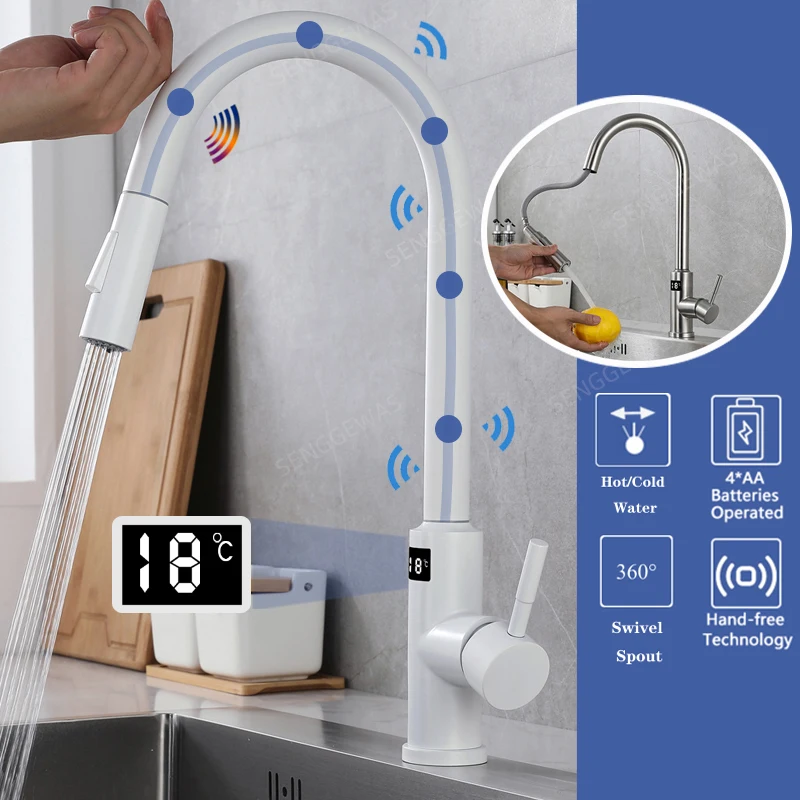 Kitchen Intelligent Faucet Digital Led Temperature Display White Hot Cold Water Pull Out Touch Sensor Swing Wash Basin Water Tap