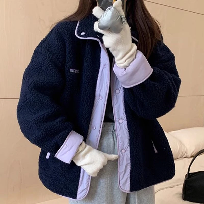 

Корейские шикарные куртки, женская одежда, отложной воротник, винтажная повседневная верхняя одежда, модные топы Y2k, пальто на молнии из овечьей шерсти 2024, Ropa Mujer