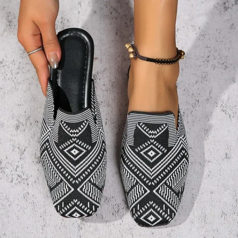 2024 Fashion Striped Loafers Shoes Women Summer Slip-on Breathable Knitting Flats Woman Comfort Non-slip Soft Bottom Sandal