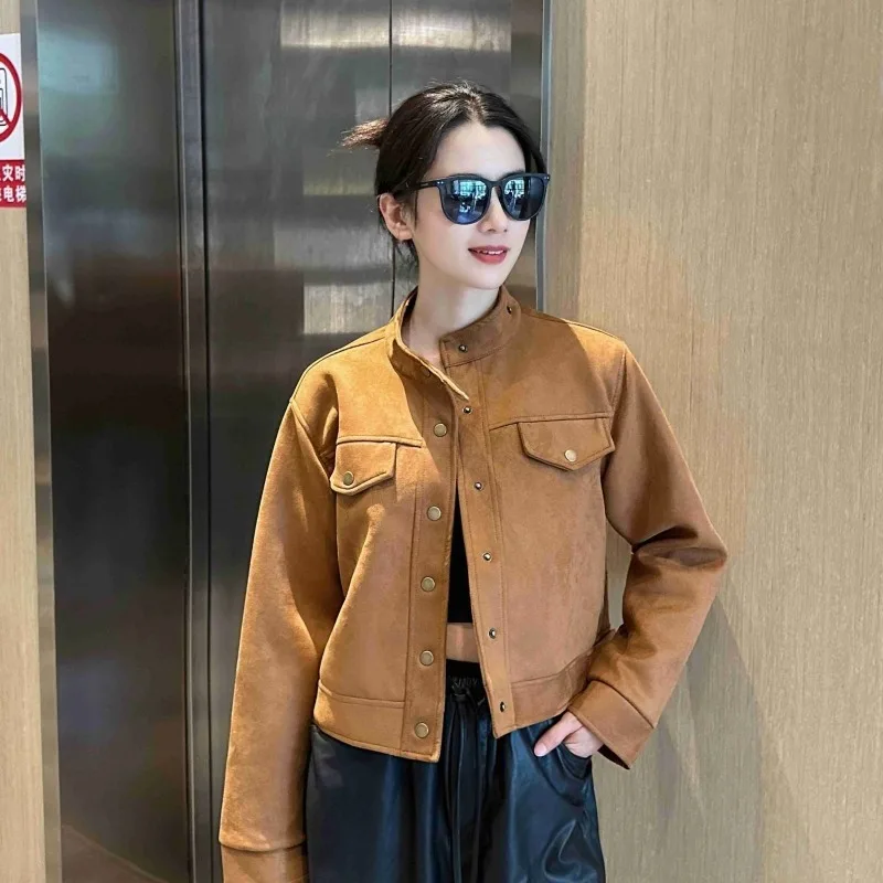 Short Design Long Sleeved Deer Skin Velvet Small Fragrant Style Jacket for Women's Spring Autumn New Style Loose Slim Short Top