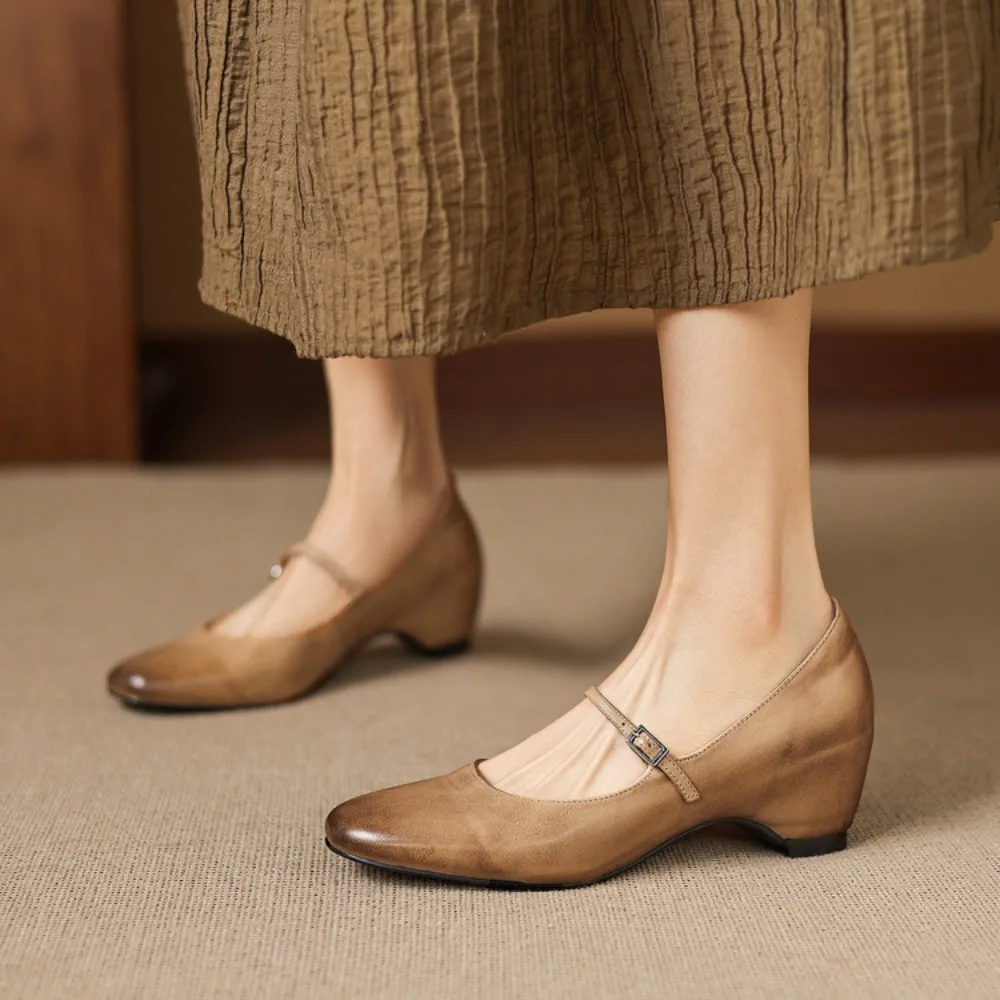 New 2026 Women's Fashion Summer Middle Heel Shoes Made of Genuine Leather Round Head Shoes (Apricot/Wine Red/Black)