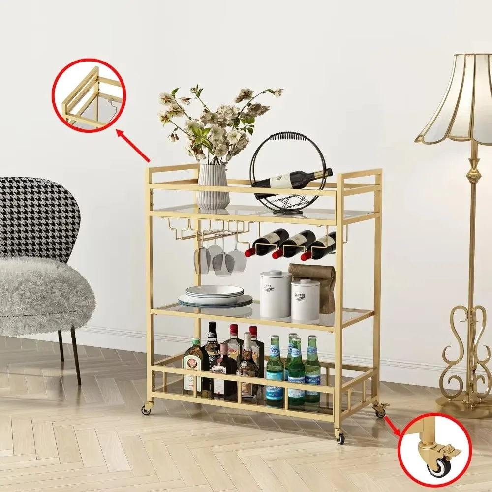 Gold bar cart with bottle storage and wine glasses, rolling service bar cart on wheels indoor and outdoor, patio