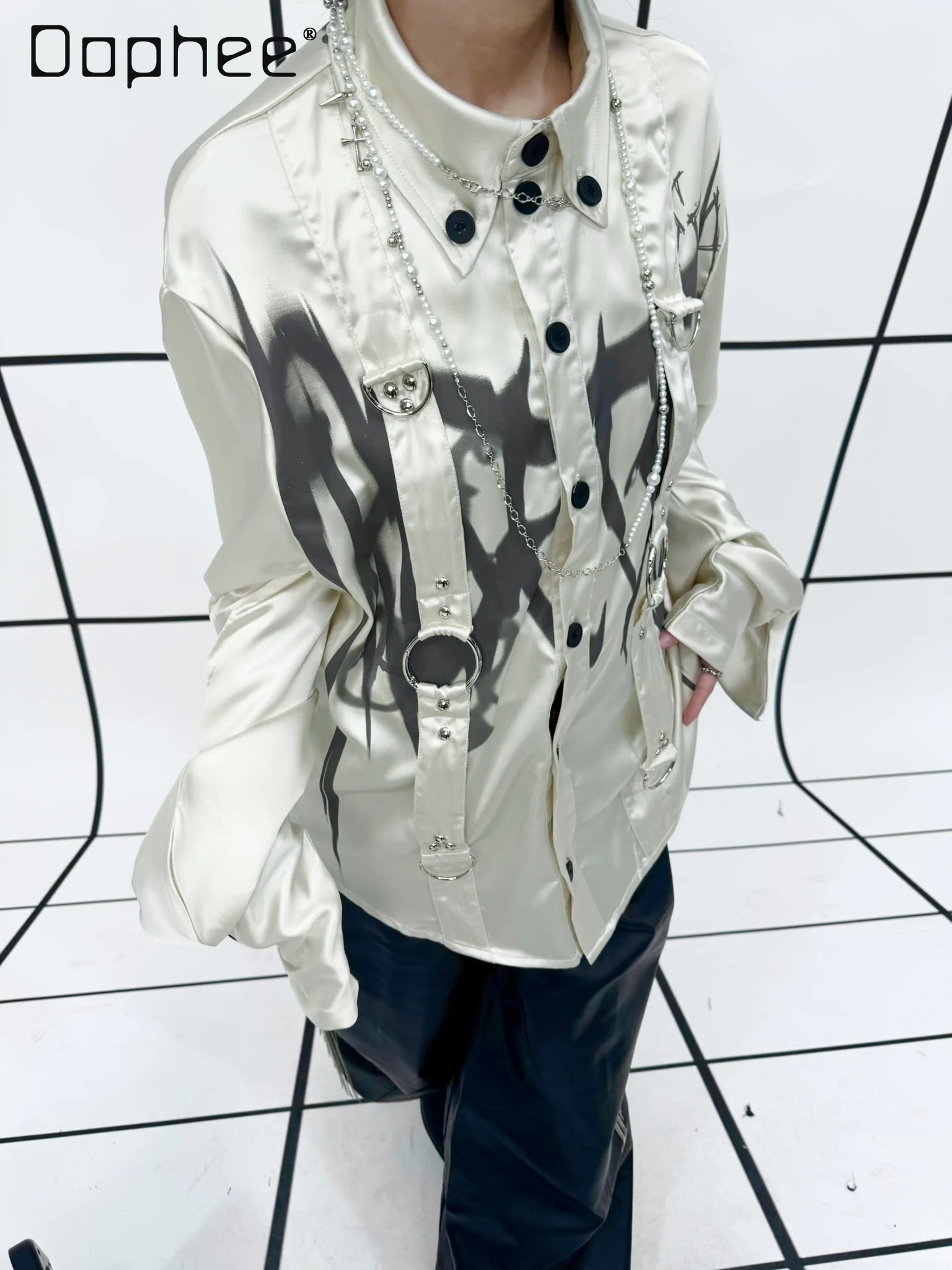 Subculture Goth Anime Printed Shirt Punk Style Chain Metal Rivet Lantern Sleeve Shirt Women Spice Girl Y2K Satin Women Tops