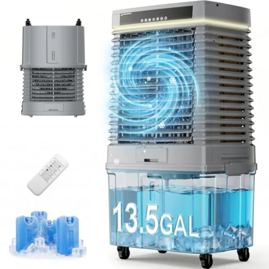 

Outdoor patio and garage use: portable evaporative air cooler with 4000 CFM airflow, plastic housing, gray color, energy-effici