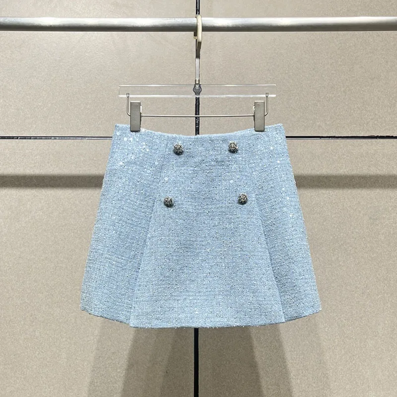 y2k spring/summer round neck slant placket sequin drill button jackets for women2023 high waist tweed midi dresses short sets