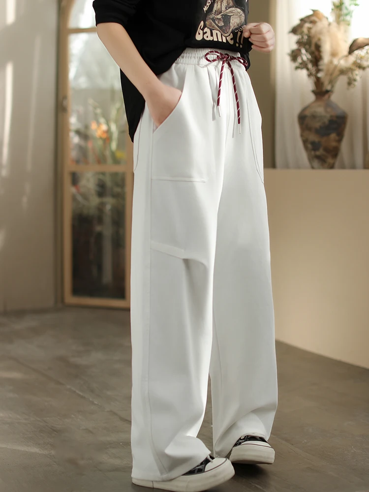 

Женские брюки из чистого хлопка с высокой талией, прямого кроя, весна-осень, новые, повседневные, свободного кроя, с деталями на карманах