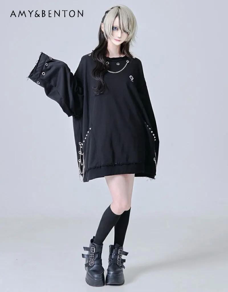Japanese Mine Series Mass-Produced Subculture Dark Punk Vintage Chain Pendant Sweatshirt Punk Style Y2K Oversized Crew Neck Top