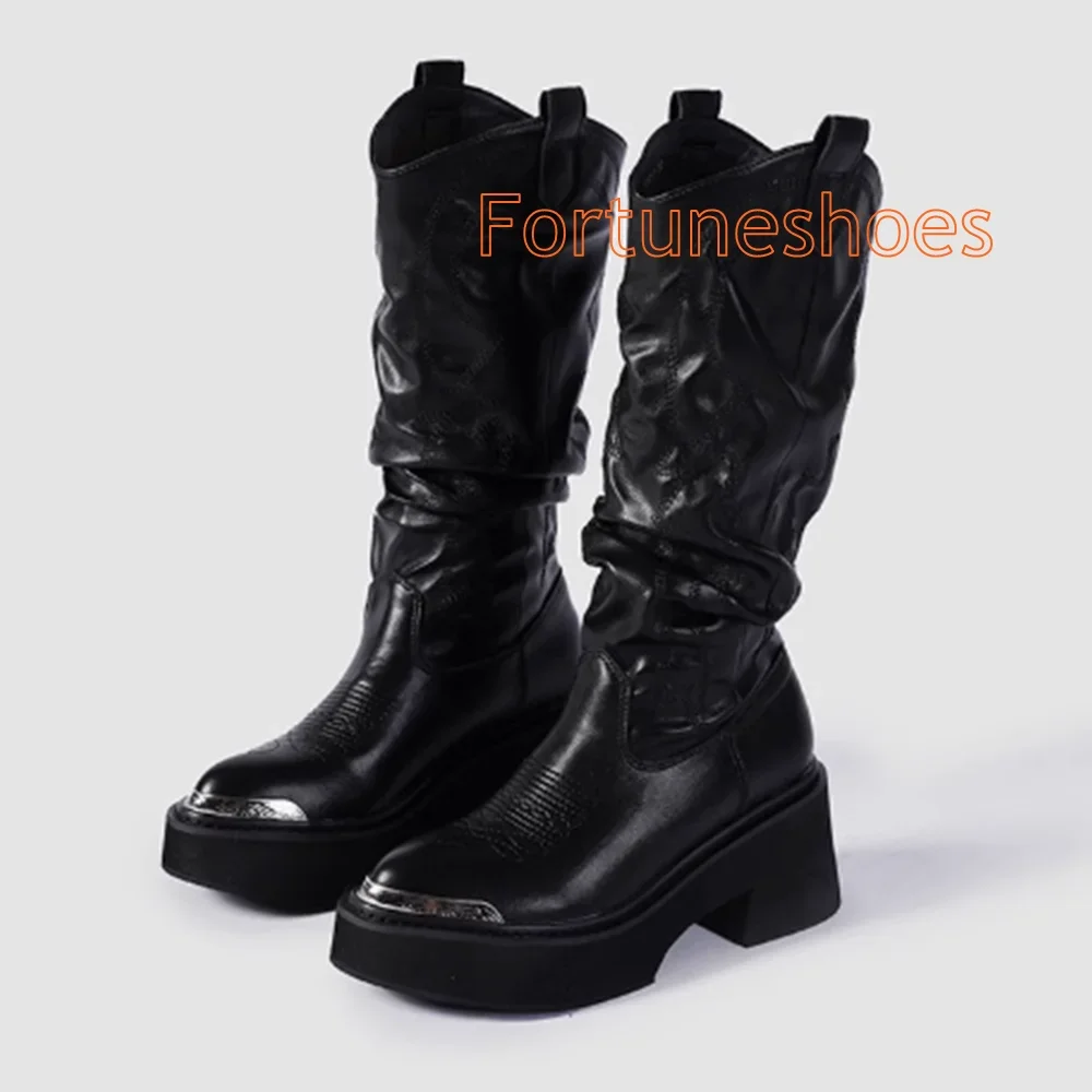 Pointed Toe Pleated Women Boots Slip On Denim Black Genuine Leather Boots Thick High Heels Fashion Comfortable Metal Boots