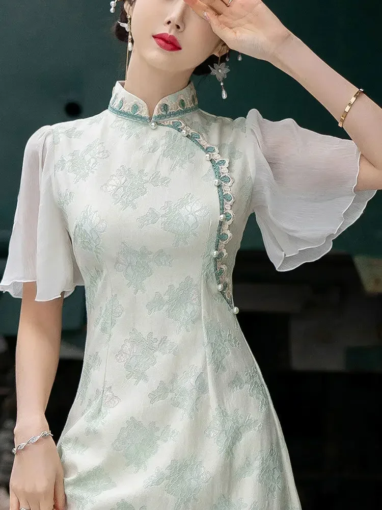 

Inverted Big-sleeved Green Cheongsam 2023 women Elegant High-end Young Girls Improved Fresh Vintage Summer Chinese Qipao Dresses